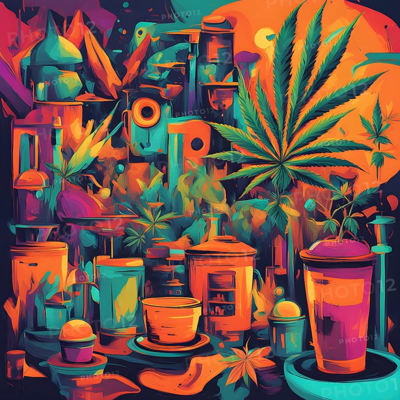 Abstract composition of a cannabis cafe with ambiance bold contrasting colors and playful shapes, AI generated