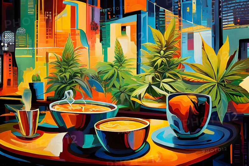 Abstract composition of a cannabis cafe with ambiance bold contrasting colors and playful shapes, AI generated