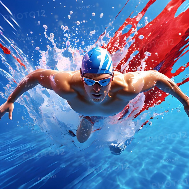 Abstract digital render of an olympic triathlete in swimming morphing into fluid shapes, AI generated, Paris, Paris, Olympic Games