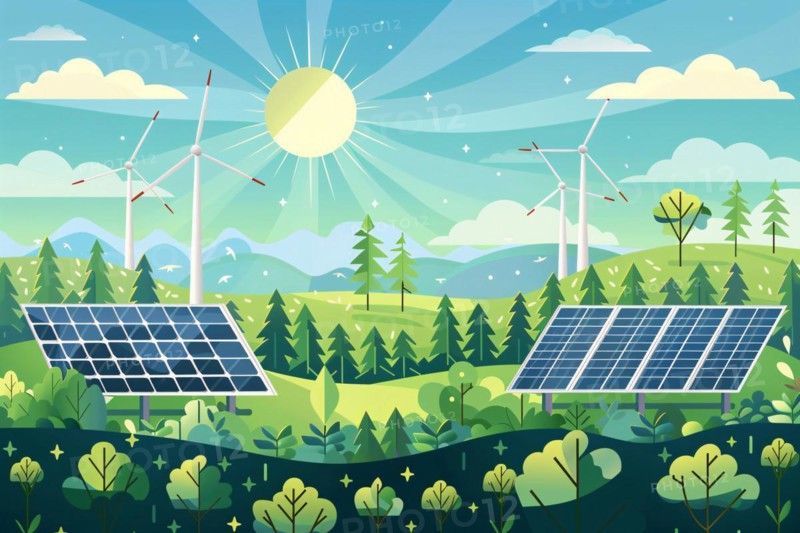 Renewable energy concept illustration with wind turbines and solar panels. KI generiert, generiert, AI generated