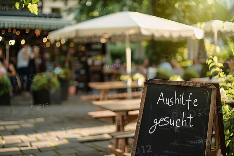 Chalkboard with German text 'Aushilfe gesucht' (hiring staff) at restaurant. Generative AI, AI generated