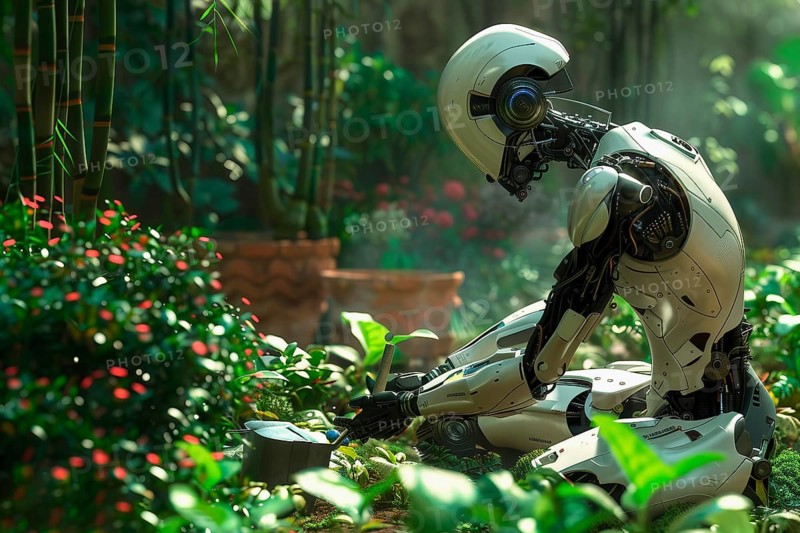 Humanoid robot gardening on knees, AI generated