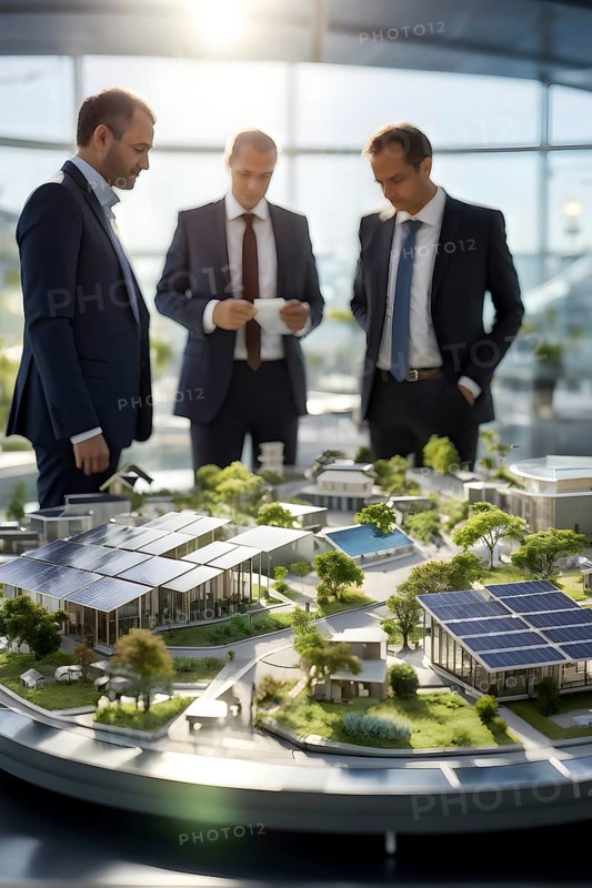 Business professionals engaged with a scale model of a modern solar park adjacent to miniature houses, AI generated