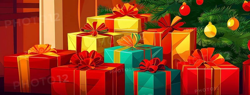 Abstract illustration of wrapped Christmas gifts, shiny ribbons and bows, stacked under a evergreen tree in a cozy living room, AI generated