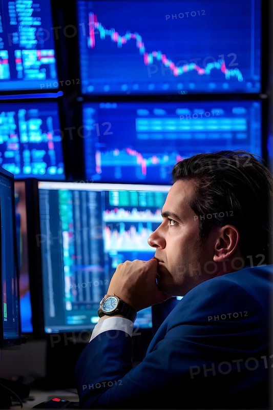 Stock trader in stress and panic in a market crash, AI generated