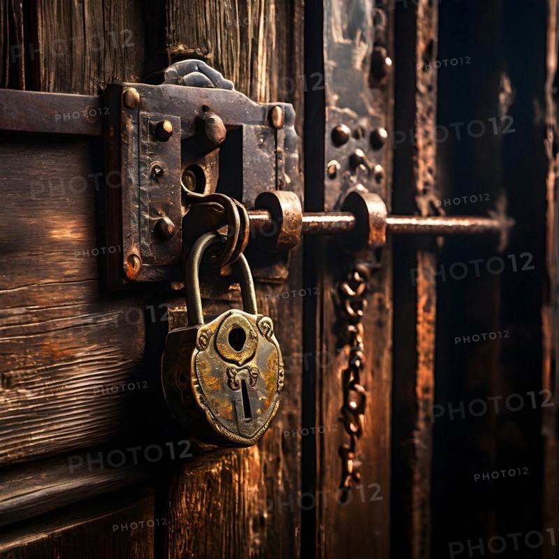 Detail of an old rusted lock on a wooden door, AI generated