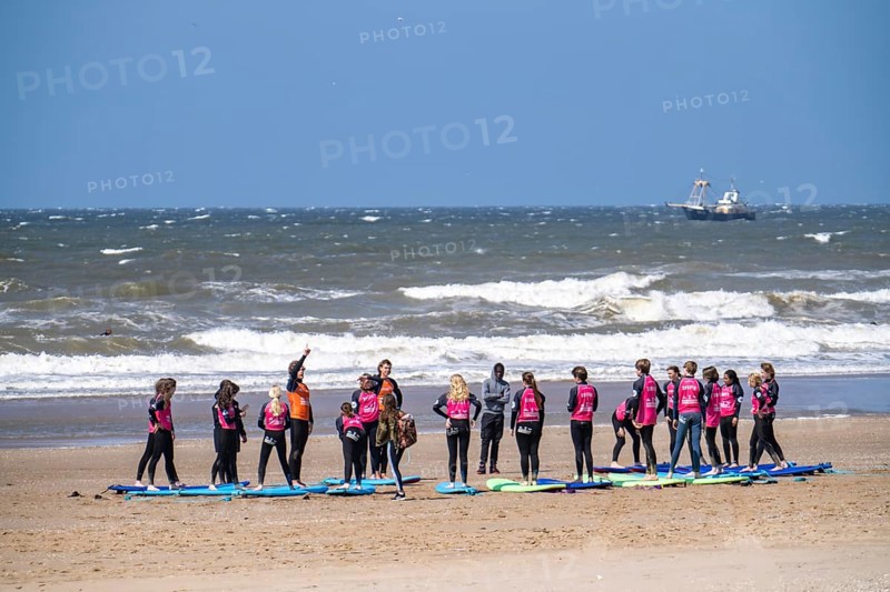 Course for surfers, surfing beginners, on the beach of Scheveningen, Netherlands