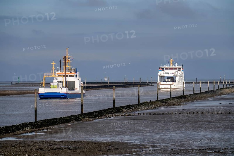 Ferry from Norddeich to the island of Norderney, for vehicles and passengers, Frisia IV, in the Busetief Canal, Lower Saxony, Germany, Europe