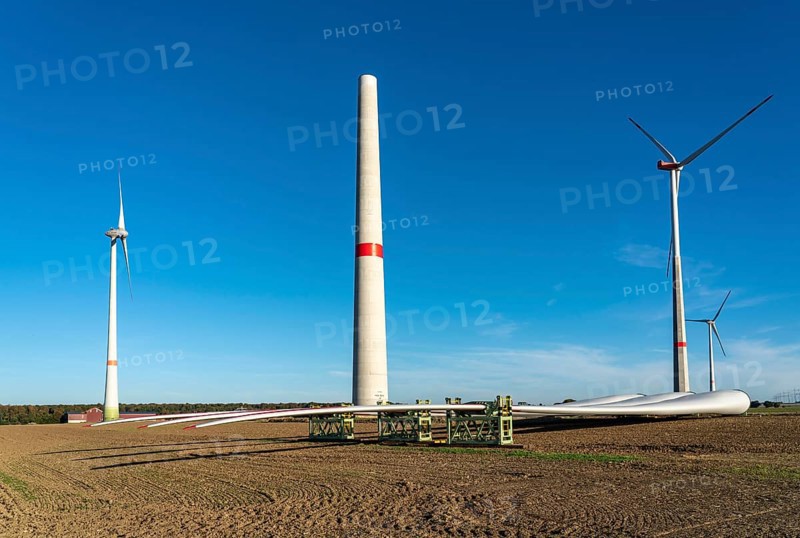 Wind farm near Bad Wünnenberg, construction site, storage area for a new wind turbine, components of the mast, the nacelle and the rotors are ready for assembly, North Rhine-Westphalia, Germany, Europe
