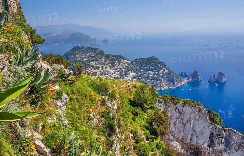 View from Monte Solaro 589m to the south coast with the Faraglioni rocks, the island's landmarks, Capri, Campanian Archipelago, Gulf of Naples, Tyrrhenian Sea, Campania, Italy, Europe