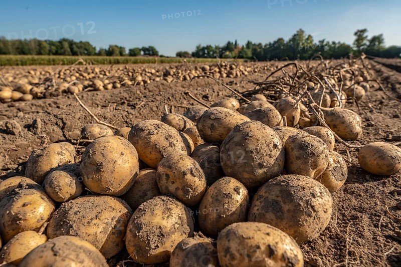 Potato harvest, Melodie variety, so-called split harvesting method, first the tubers are taken out of the ground with a row planter, then, after a short drying phase, collected and loaded with a bunker harvester, North Rhine-Westphalia, Germany, Europe