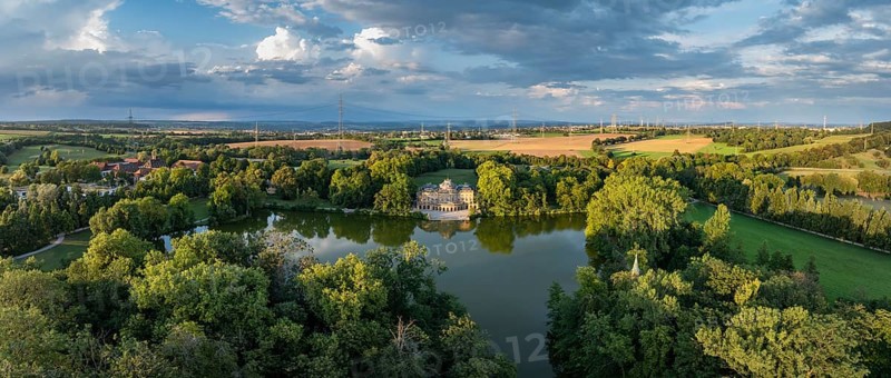 Monrepos Palace, Palace Park, Lake Eglosheim, Aerial view, Panorama, Ludwigsburg, Baden-Württemberg, Germany, Europe