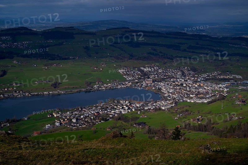 View from Seebodenalp to Küssnacht am Rigi SZ, Lake Lucerne, Canton Schwyz, Switzerland, Europe