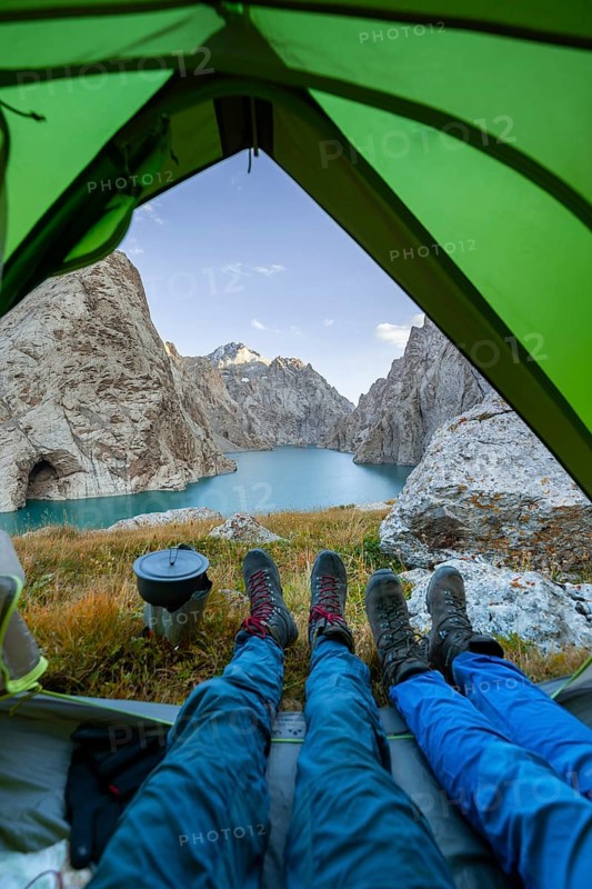 Wild camping, camping in the wilderness with a tent, Kol Suu mountain lake, Sary Beles Mountains, Naryn Province, Kyrgyzstan, Asia