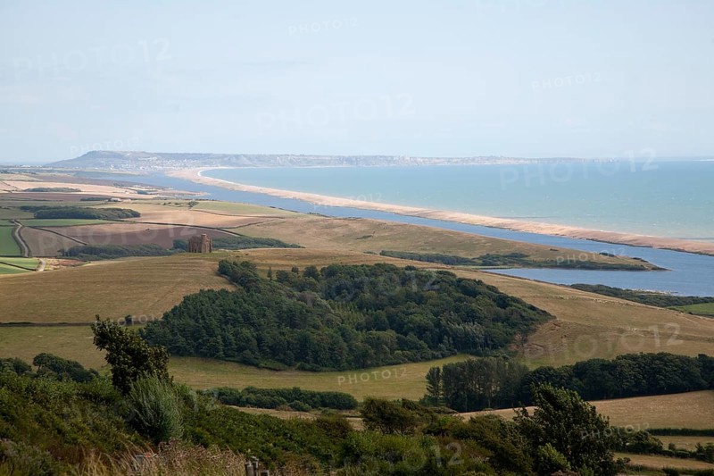 View west along Chesil beach tombolo from Abbotsbury to the Isle Portland, Dorset, England, UK