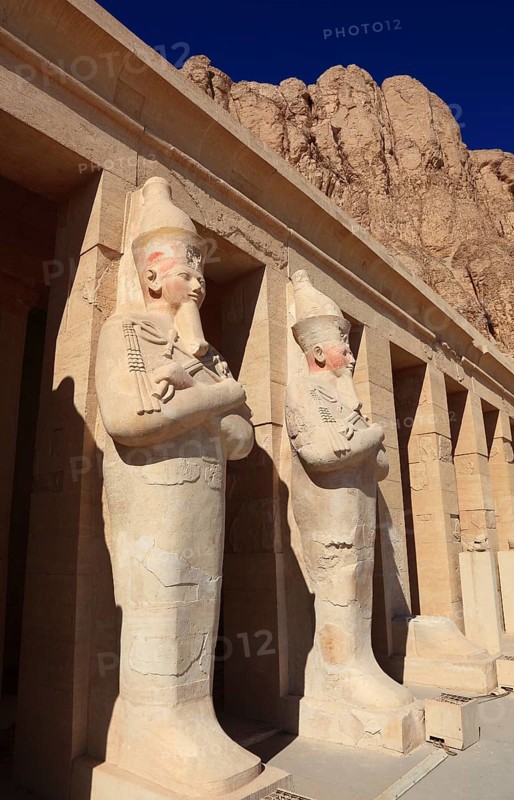 Part of the temple complex, statues of Hatshepsut at the mortuary temple of Hatshepsut, Hatshepsut is the best preserved temple in Deir el-Bahari on the west bank of the Nile in Thebes, Africa, Egypt, Upper Egypt, Africa