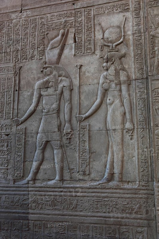 Kom Ombo Temple on the Nile, Africa, Upper Egypt, Egypt, reliefs, engravings, depictions on the walls show the gods Horus and Hathor, Africa
