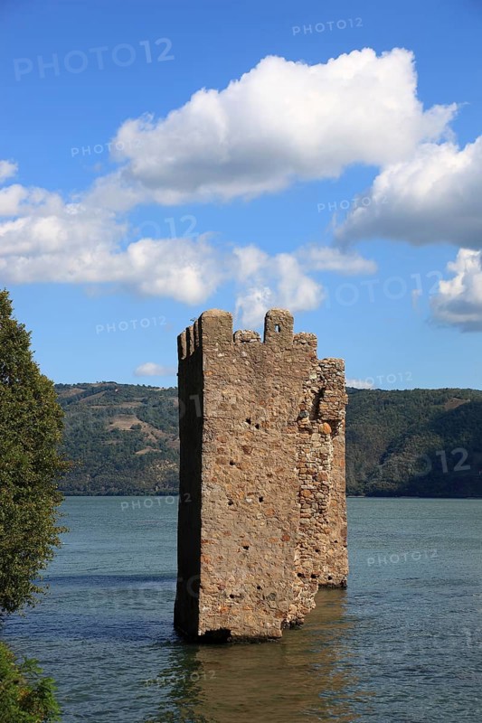 Wallachia, two towers in the Danube near Sivinita, Iron Gate nature park Park, Danube landscape, Romania, Europe