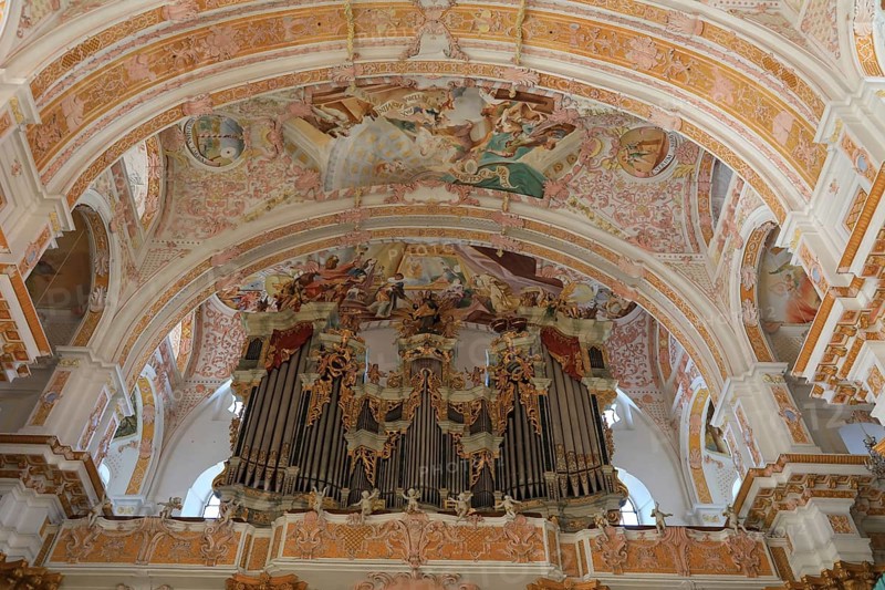 Fresco cycle, ceiling frescoes, interior of the Cistercian abbey church Fürstenfeld in Fürstenfeldbruck, Upper Bavaria, Bavaria, Germany, Europe