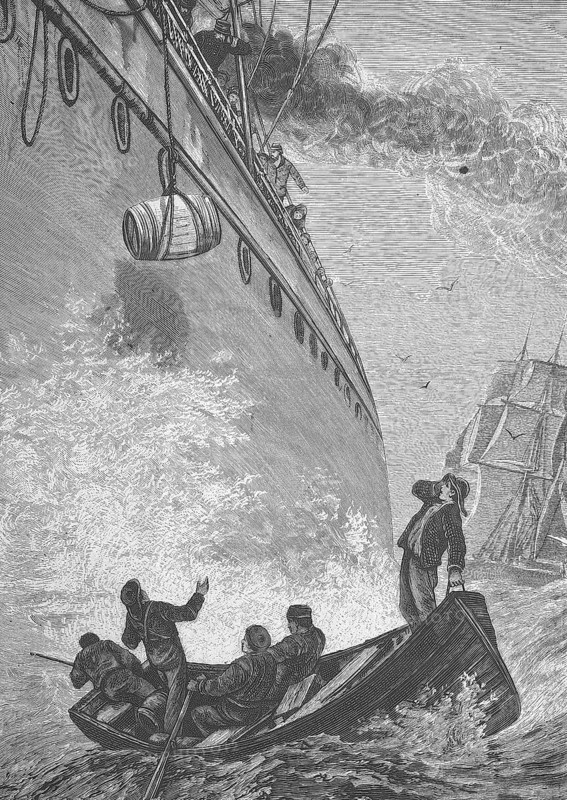 A large sea steamer gives provisions to a distressed sailing ship in the middle of the ocean, Historic, digitally restored reproduction from a 19th century original, Record date not stated
