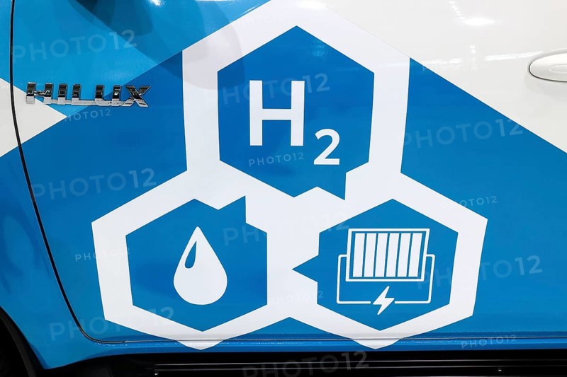 H2 hydrogen fuel cell logo on a Toyoa Hilux Fuel Cell Electric Vehicle at the IAA Transportation trade fair, Hanover, 18 September 2024, Hanover, Lower Saxony, Germany, Europe