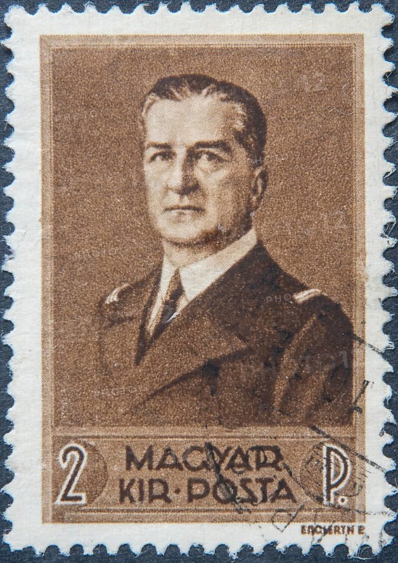 Miklós Horthy, (1868, 1957), Austro-Hungarian naval officer, Hungarian politician and military and head of state of Hungary from 1920 to 1944. Portrait on a Hungarian postal stamp