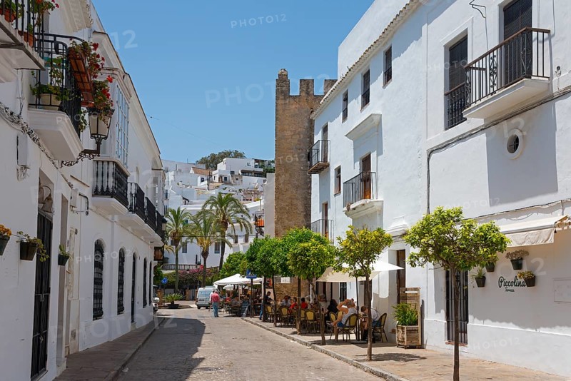 Quiet alley with white houses and alleyway cafés, decorated with trees, summer atmosphere, Old Town, Vejer de la Frontera, Province of Cadiz, Cadiz, Andalusia, Spain, Europe