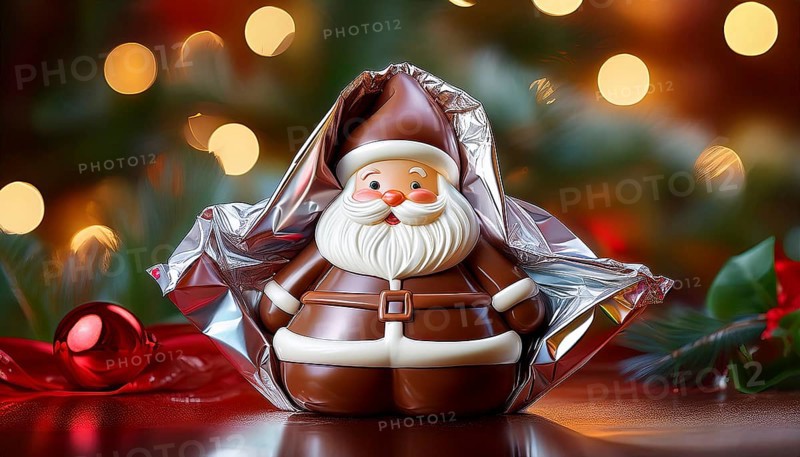 Chocolate Father Christmas, half wrapped in aluminium foil, in front of a Christmas background, AI-generated image, AI generated