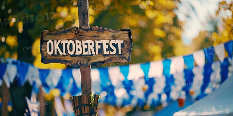 Banner with wooden sign with text 'Oktoberfest' at entry of traditional Bavarian German festival. Generative AI, AI generated