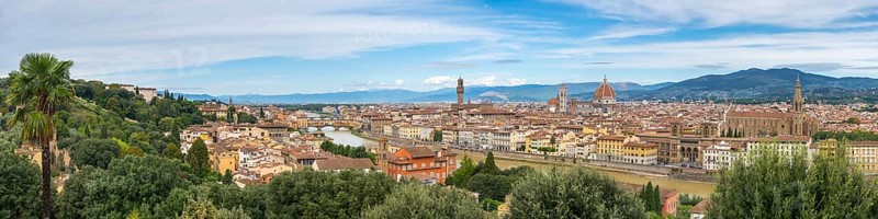 City overview of Piazza Michelangelo, Ponte Vecchio, cathedral, dome, overview, panorama, city view, travel, tourism, Florence, Italy, Europe