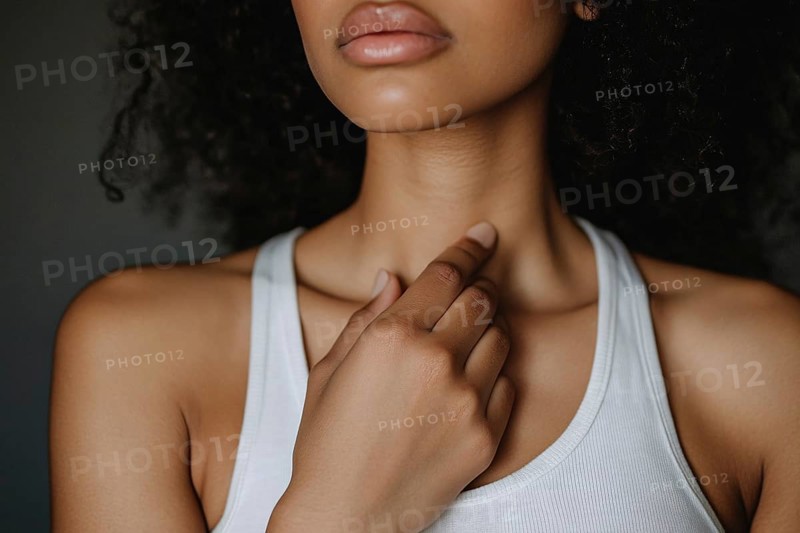 Close up of woman holding reaching for thorat with hand. Generative AI, AI generated