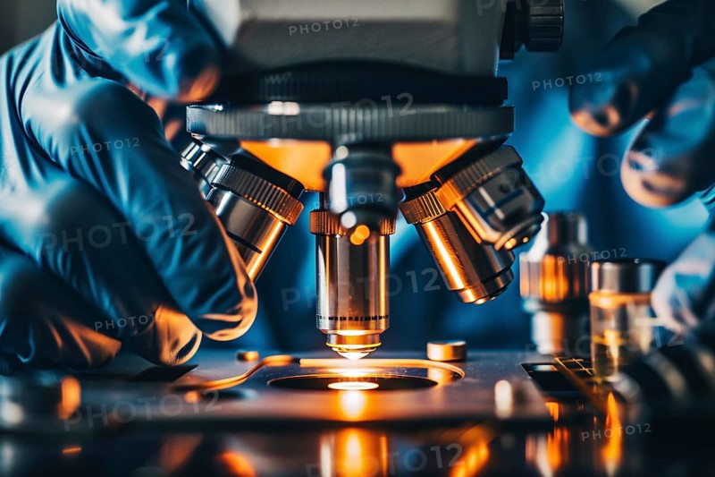 Close up of microscope in science laboratory. Generative Ai, AI generated