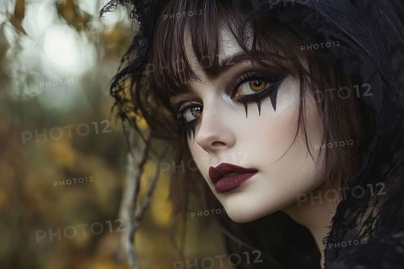 Young woman with black Halloween witch makeup. Generative Ai, AI generated