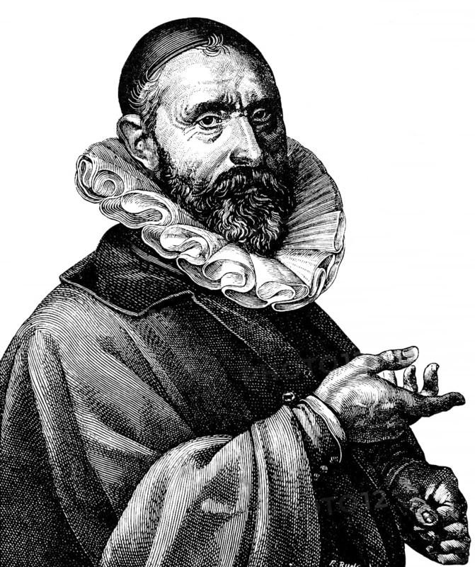 Jan Pieters Sweelinck (1561-1621), Dutch organist and organ master, composer of fantasias and toccatas, ruff, cap, serious look, history of German music, historical illustration 1892