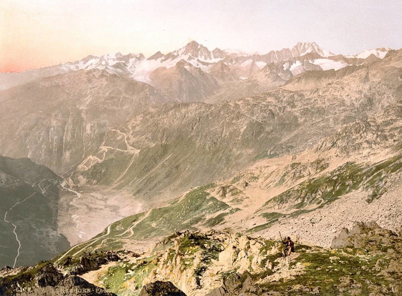 Furka Pass, Panorama, Bernese Oberland, Switzerland, Historic, digitally restored reproduction from a 19th century original, Record date not stated, Furka Pass, Bernese Oberland, Switzerland, Historic, digitally restored reproduction from a 19th century original, Record date not stated, Europe