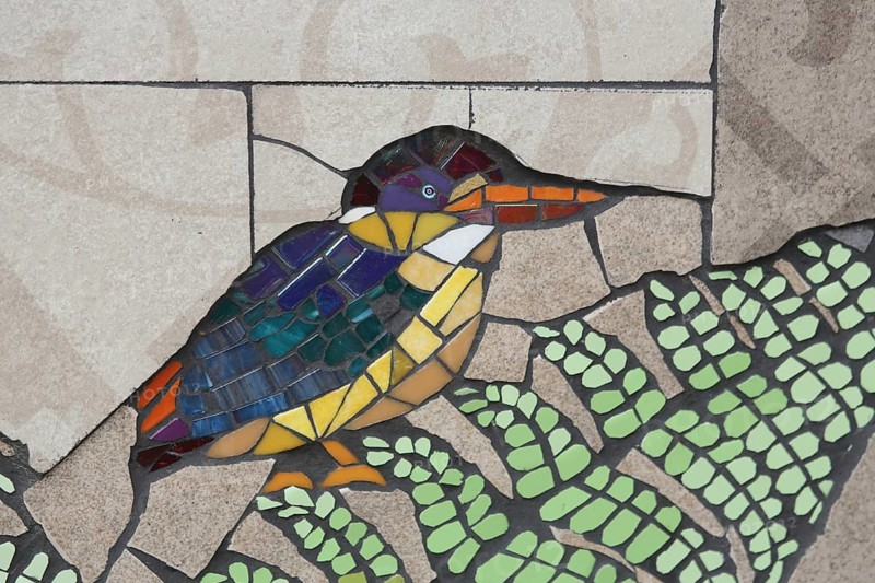 Wall mosaic with ore fisherman by Isidora Paz López 2019, one, kingfisher, bird figure, handicraft, tiles, tiles, Lopez, rock staircase, bird staircase, Pirmasens, Palatinate Forest, Rhineland-Palatinate, Germany, Europe