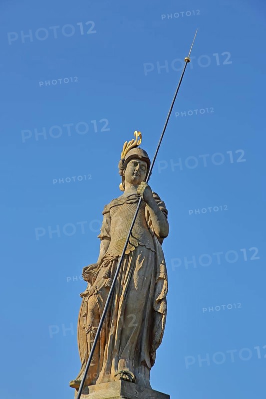 Minerva fountain with Minerva sculpture and lance, fountain, roman, goddess, mythology, free-standing, cathedral square, Erfurt, Thuringia, Germany, Europe