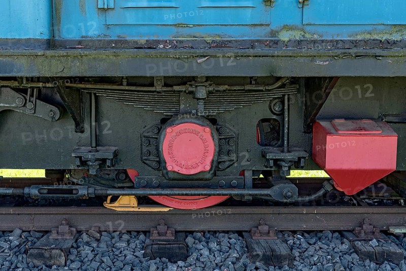 Wheel on rail with brake from Knorr-Bremse, vintage electric locomotive no. 3 from Krupp AEG, electric locomotive in mining, built in 1957, open-air museum at Weckesheim railway station, Reichelsheim, Wetterau, Hesse, Germany, Europe