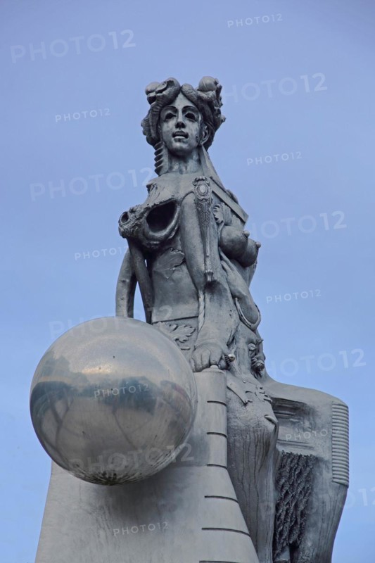 Sculpture Fortuna by Jürgen Goertz 2012, female figure, sitting, sphere, modern, abstract, bizarre, whimsical, grey, bronze, detail, breasts, promenade, Ansbach, Middle Franconia, Franconia, Bavaria, Germany, Europe