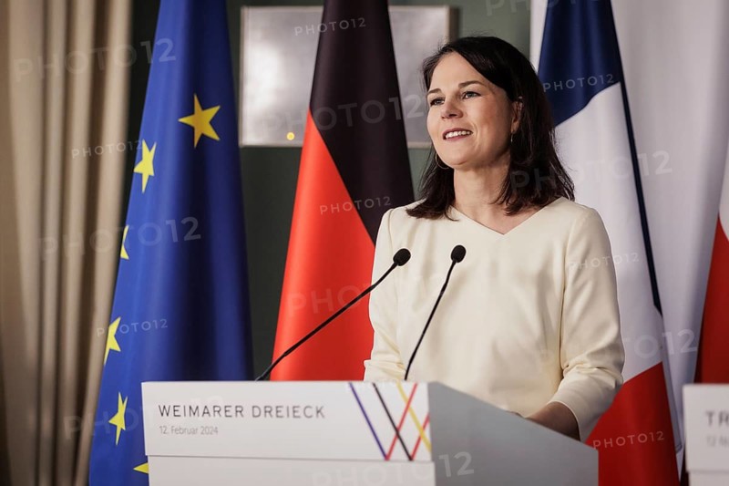 Annalena Bärbock (Alliance 90/The Greens), Federal Foreign Minister, Stephane Sejourne (not pictured), Minister for Europe and Foreign Affairs of the French Republic, and Radoslaw Sikorski (not pictured), Minister for Foreign Affairs of the Republic of Poland, at a joint press conference during the meeting of the Weimar Triangle at the Château de la Celle in La Celle-Saint-Cloud, 12 February 2024. Photographed on behalf of the Federal Foreign Office