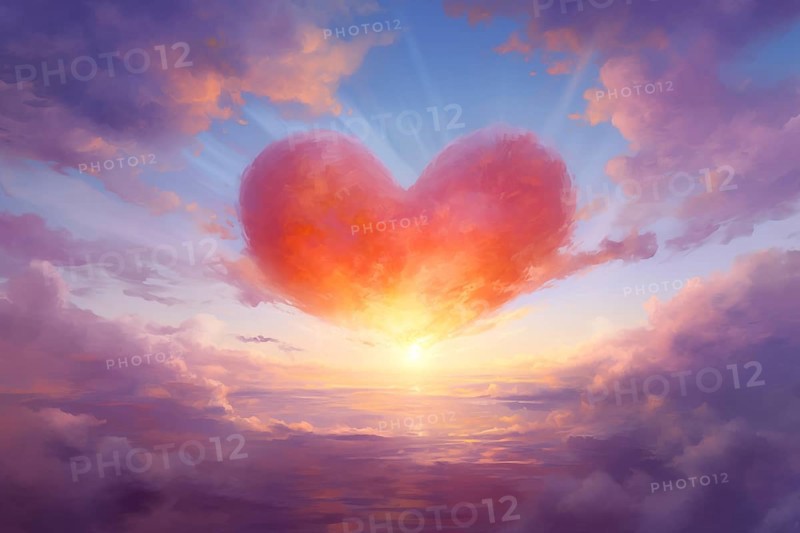 Painting of a heart-shaped cloud illuminated by the warm hues of sunset, floating above a serene sea of clouds. For love, romance, tenderness and Valentine day design, AI generated