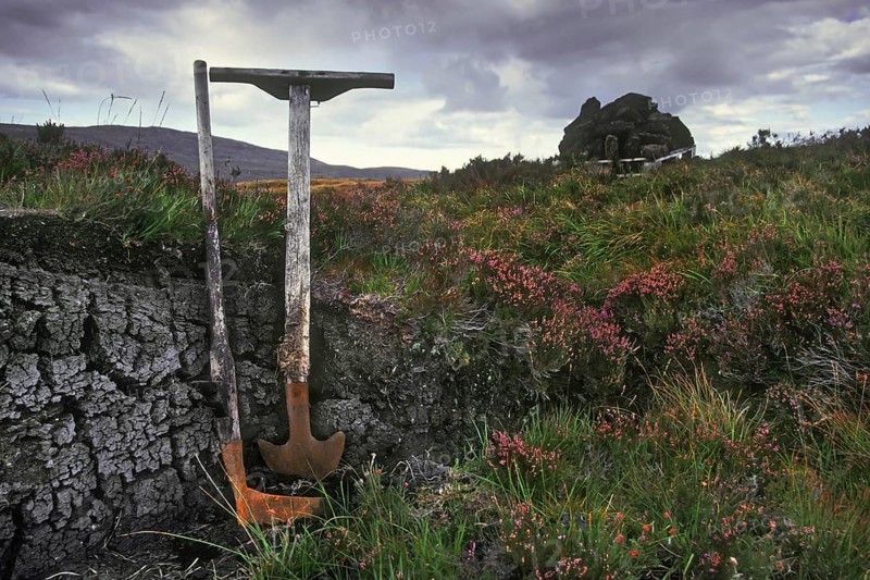 Peat extraction tools like turf spade and tarasgeir, tarisker in peatland, mire the Scottish Highlands, Scotland, United Kingdom, Europe
