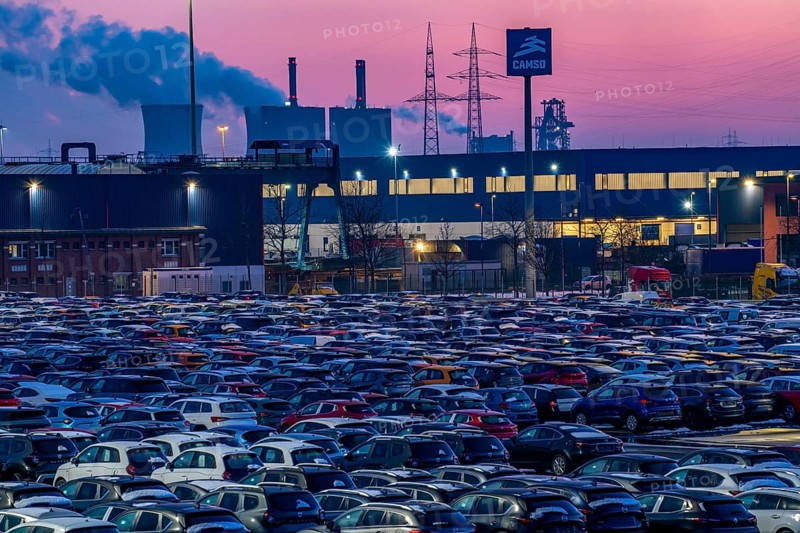 Car terminal in the Logport I inland port in Duisburg on the Rhine, vehicle handling of new cars, storage area, behind the HKM steelworks in Duisburg-Hüttenheim, North Rhine-Westphalia, Germany, Europe