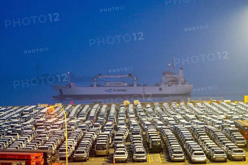 Parking space for import vehicles, hundreds of Hyundai Ioniq, electric cars, waiting for onward transport, at the EUROGATE container terminal in the overseas harbour of Bremerhaven, Lower Saxony, Germany, Europe