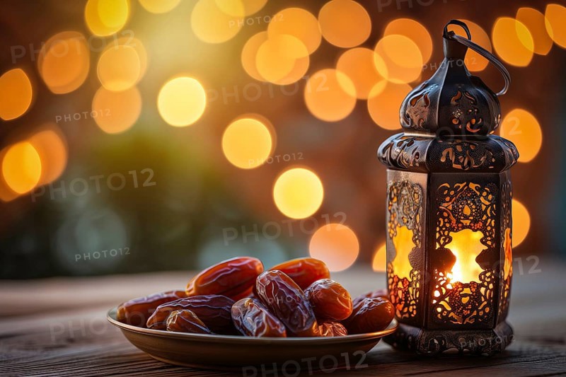Ramadan lantern with a plate of succulent figs on bokeh background, set on an ornate table with intricate designs, evoking the rich traditions and serene moments of the holy month, AI generated