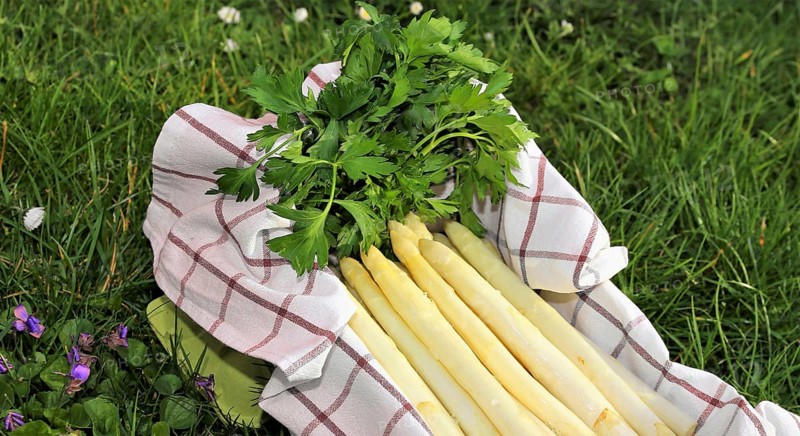White asparagus decorated in a wooden crate