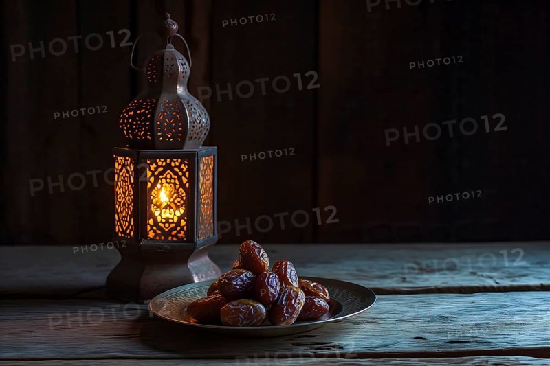 Ramadan lantern with a plate of succulent figs on dark background, set on an ornate table with intricate designs, evoking the rich traditions and serene moments of the holy month, AI generated