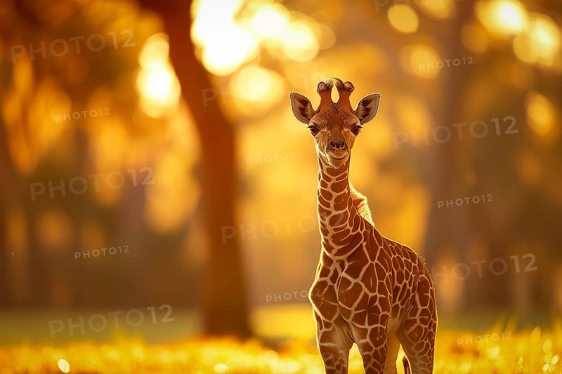 Baby giraffe standing amidst the golden rays of the setting sun, surrounded by nature beauty, AI generated