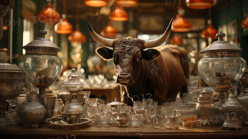 Very large bull with horns in a China shop filled with glassware. generative AI, AI generated