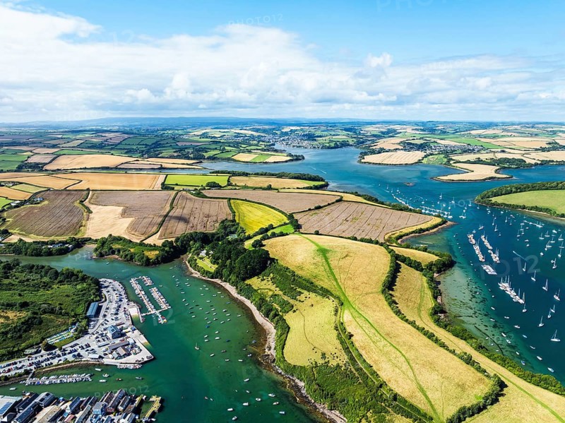 Salcombe and Mill Bay over Kingsbridge Estuary from a drone, Batson Creek, Southpool Creek, Devon, England, United Kingdom, Europe